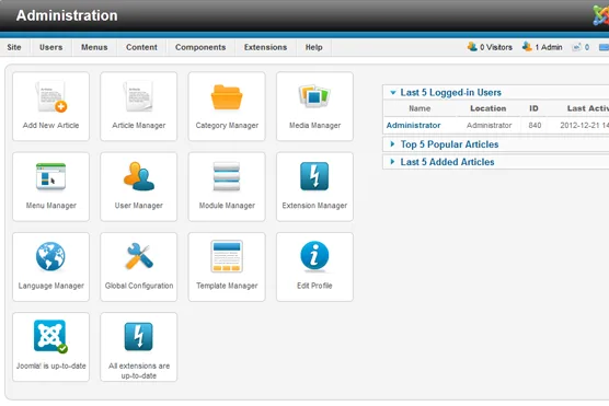 Skærmbillede af Joomla 1-klik installation hos ITWebhotel.dk